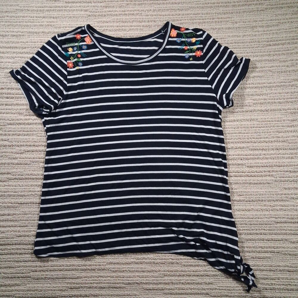 M WOMEN GIRLS BLACK WHITE STRIPED SIDE TIE KNOT HEM FLORAL EMBROIDERED TOP SHIRT